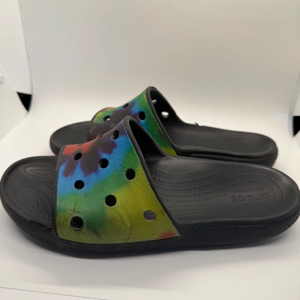 Crocs‎ Classic Slide Tie Dye Black Multi Color Sandals Mens 7 Womens 9 206121